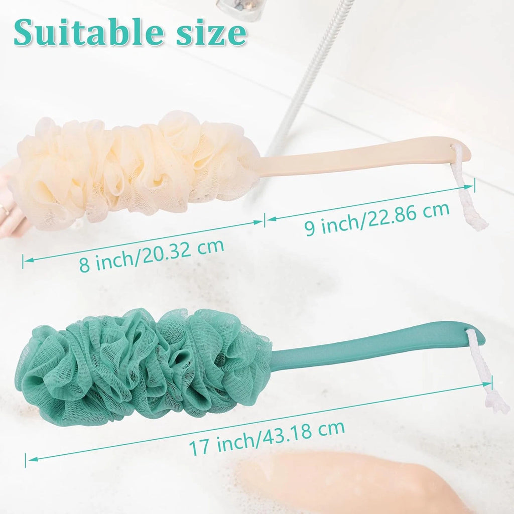 2-Pack Long-Handle Back Scrubbers with Loofah, 17" Shower Brushes for Men & Wome