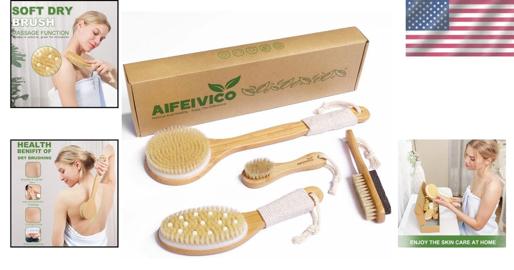 Luxurious Natural Boar Bristle Dry Brush Set for Glowing Skin & Cellulite Relief