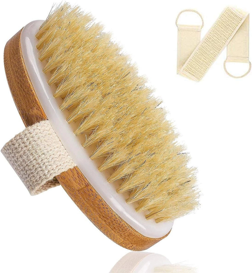Bath Body Dry Brush Shower Back Scrubber - 100% Nature Boar Bristles Scrub Brush