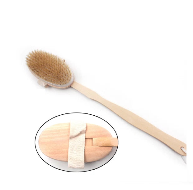Spa Back Body Shower Bath Brush with Natural Wood Long Removable Handle