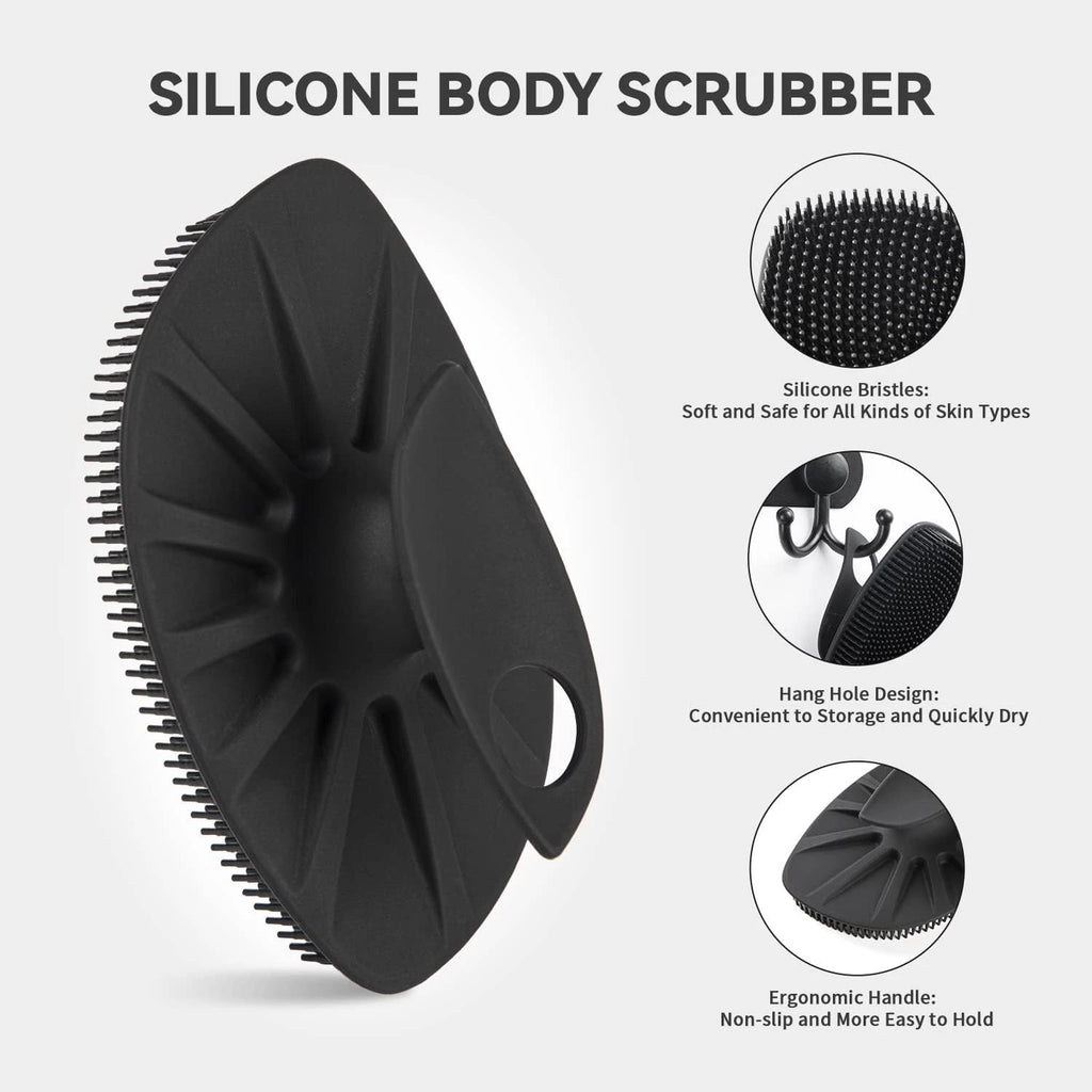 Silicone Body Scrubber Flat Shower Brush Gentle Exfoliating and Massage,Long Bri