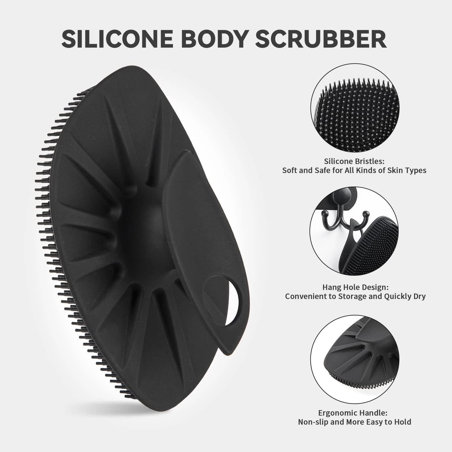 Silicone Body Scrubber Flat Shower Brush Gentle Exfoliating and Massage,Long Bri