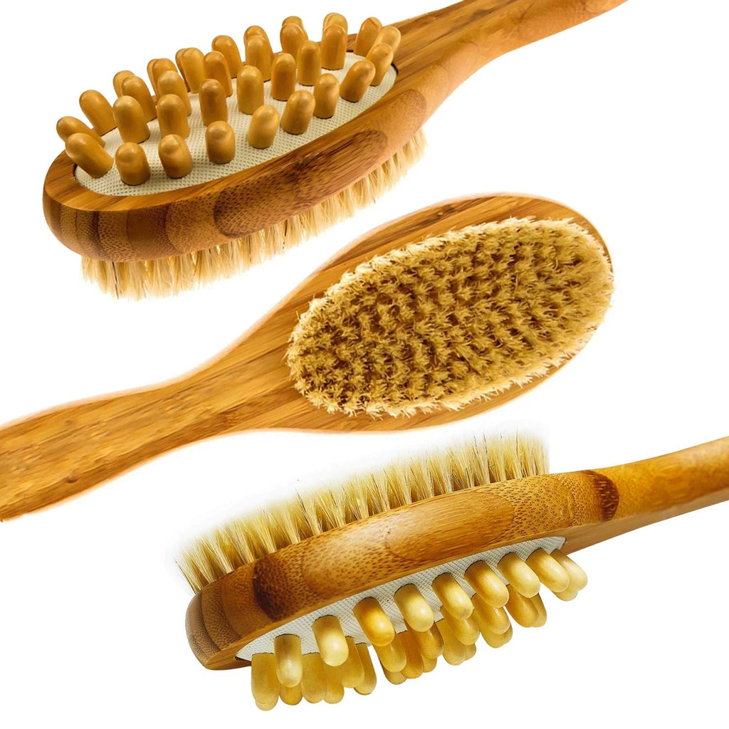 Lunabody Bamboo Body Brush For Back Scrub - Natural Boar Bristle Showe