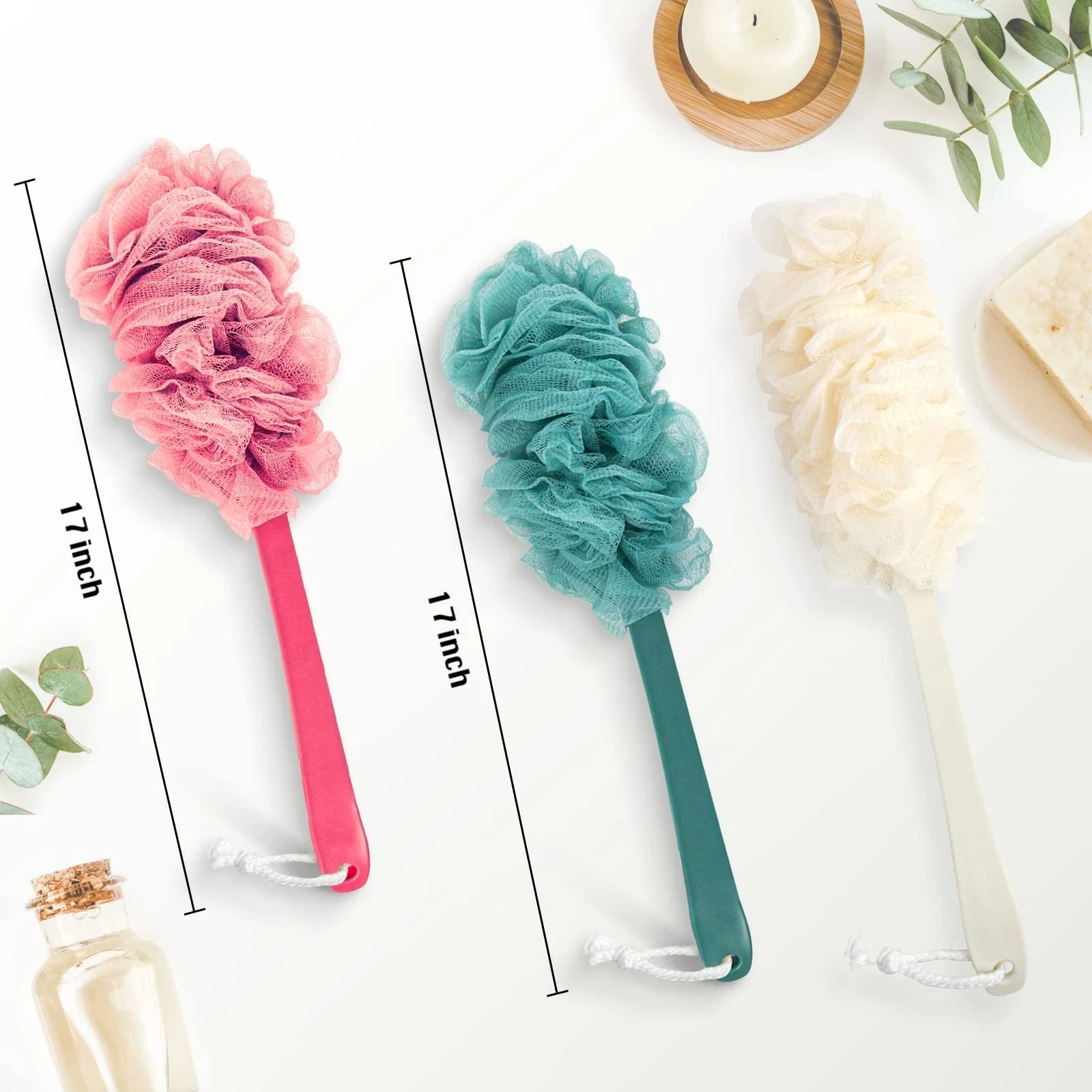 2Pack Back Scrubber for Shower Dual-Sided Loofah on a Stick as Shower Brush E