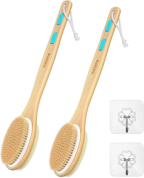 2 Pack Shower Brush Dual-Sided Long Handle Soft Stiff Bristles Body Exfoliator