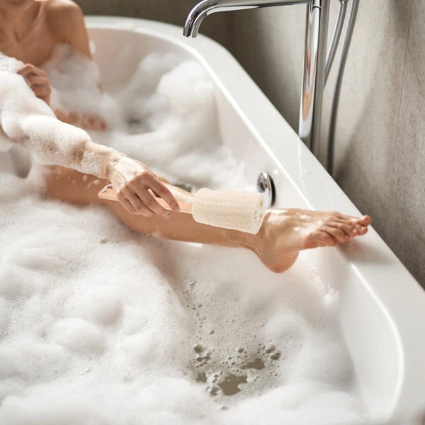 Loofah Bath Brush with Long Wooden Handle for Skin Care and Cleaning