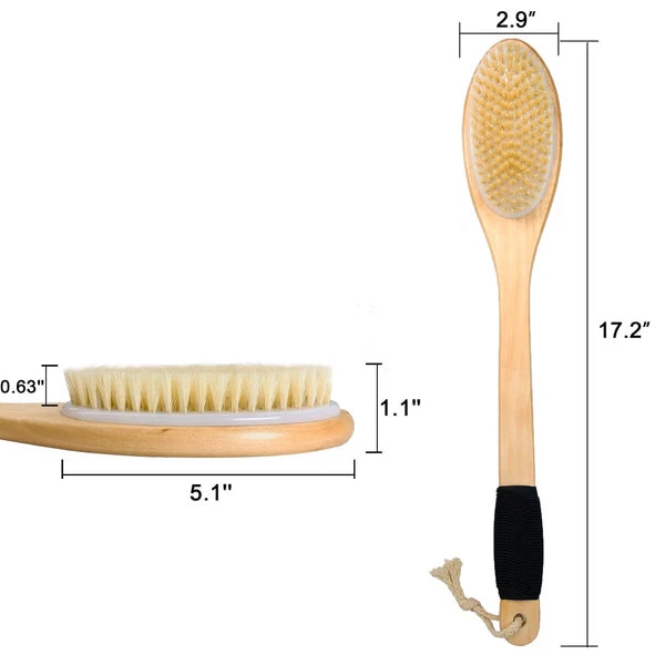 Wooden Curved Long Handle Bath Brush Natural Bristle Exfoliating Scrubber