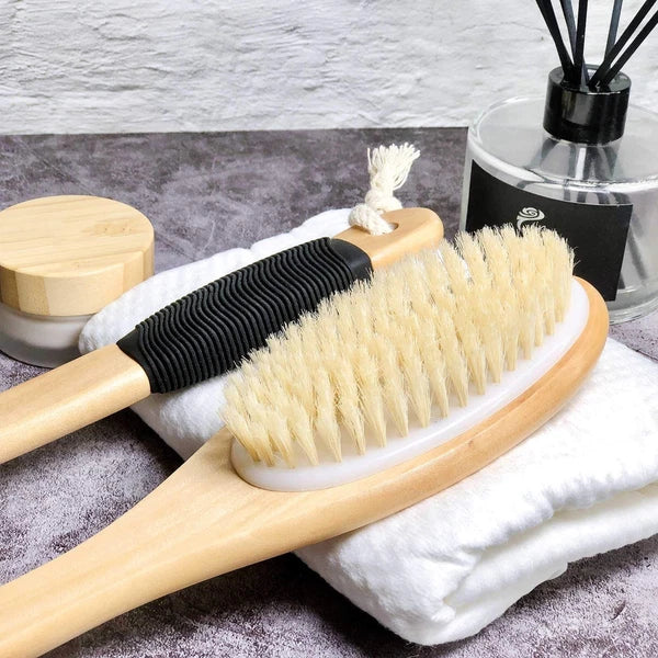 Wooden Curved Long Handle Bath Brush Natural Bristle Exfoliating Scrubber