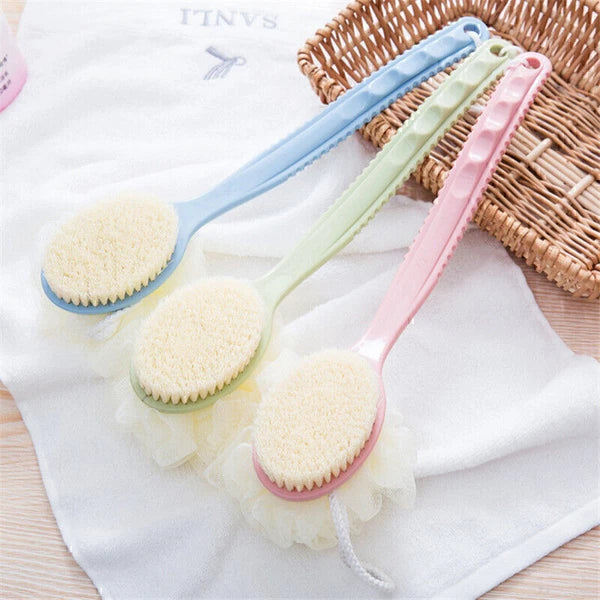 New Long Handle Back Brush Scrubber 2 In 1 Bath Puff Rich Bubbles Shower Sponge