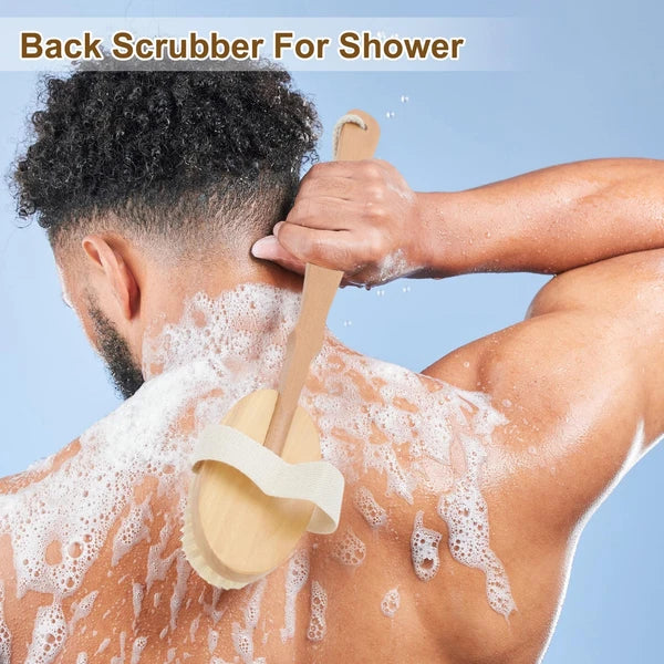 Dry Brushing Body Brush Wooden Long Handle Back Scrubber for Shower Bath