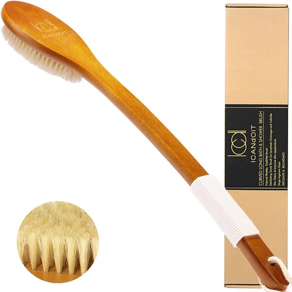 ICANdOIT-17.71Inch Natural Boar Bristles Anti-Slip Curved Long Handle Bath Brush