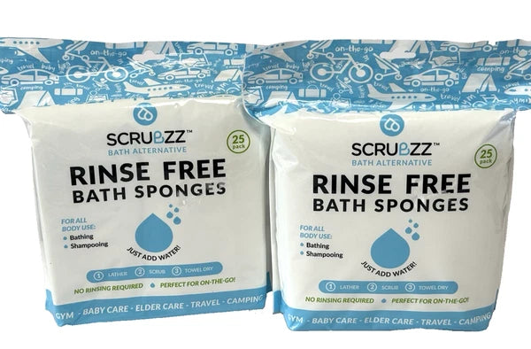 Scrubzz Rinse Free Bath Sponges Disposable Soap/ Shampoo Elder Camping 50 Total