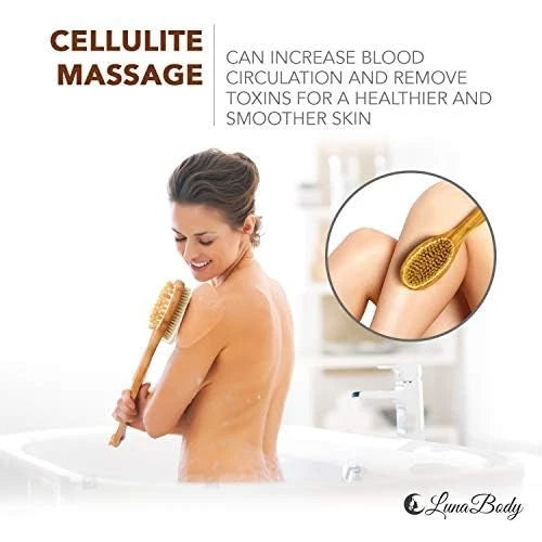 Lunabody Bamboo Body Brush For Back Scrub - Natural Boar Bristle Showe