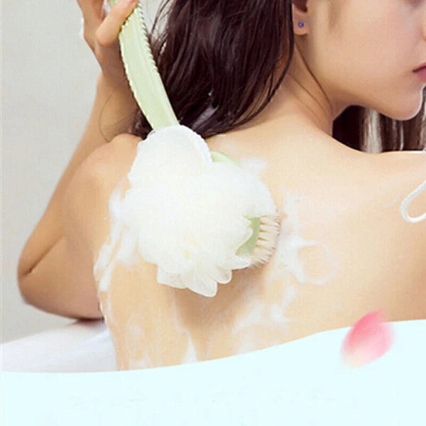New Long Handle Back Brush Scrubber 2 In 1 Bath Puff Rich Bubbles Shower Sponge