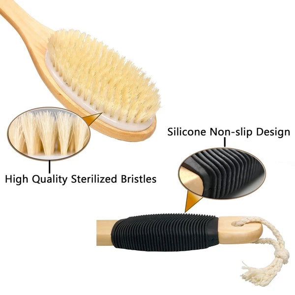 Wooden Curved Long Handle Bath Brush Natural Bristle Exfoliating Scrubber