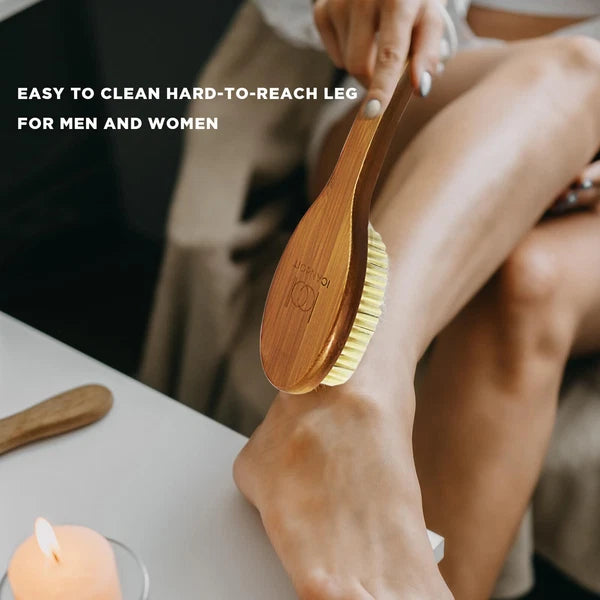 ICANdOIT-17.71Inch Natural Boar Bristles Anti-Slip Curved Long Handle Bath Brush