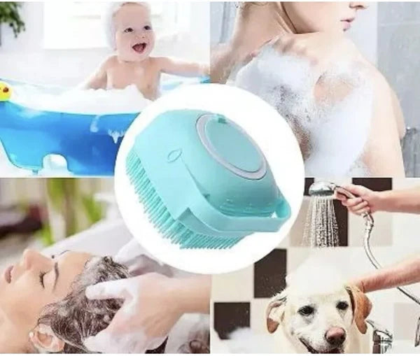 Bath Massage Brush With Soap And Shampoo Dispenser Soft Silicone Bristle.