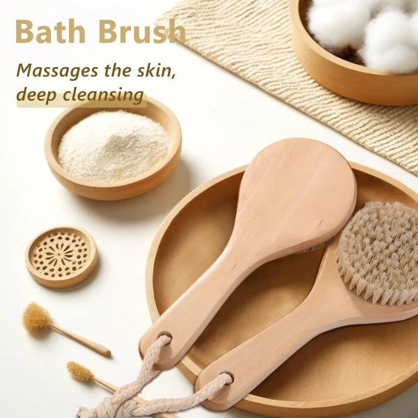 Short Handle Body Brush with Natural Bristles Wooden Handle for Exfoliating Skin