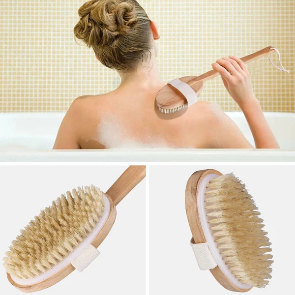 Natural Bristle Body Brush - Wooden Spa Scrubber for Dry Skin & Shower Care | US