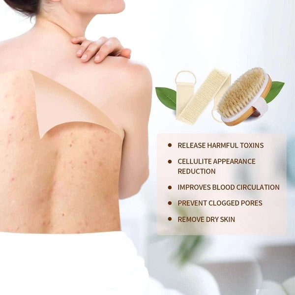 Bath Body Dry Brush Shower Back Scrubber - 100% Nature Boar Bristles Scrub Brush