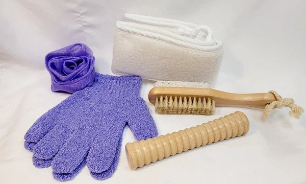 NEW Purple Bath Mitt & Puff & Wooden Brush & Massager & Bath Belt