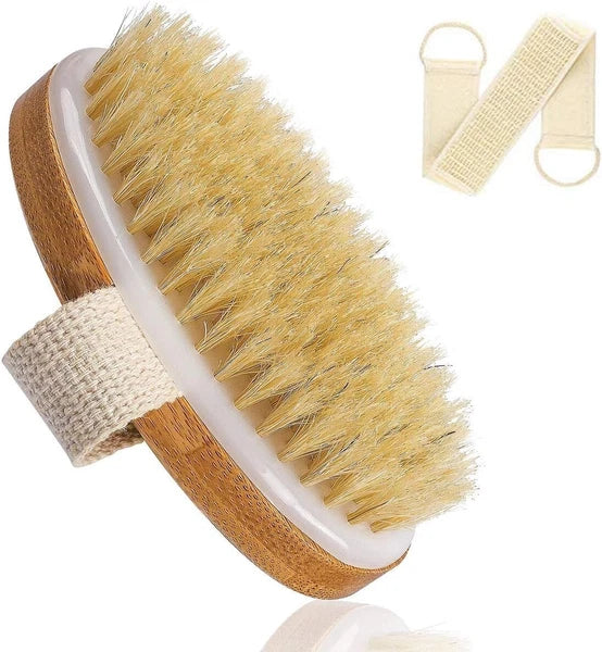 Bath Body Dry Brush Shower Back Scrubber - 100% Nature Boar Bristles Scrub Brush