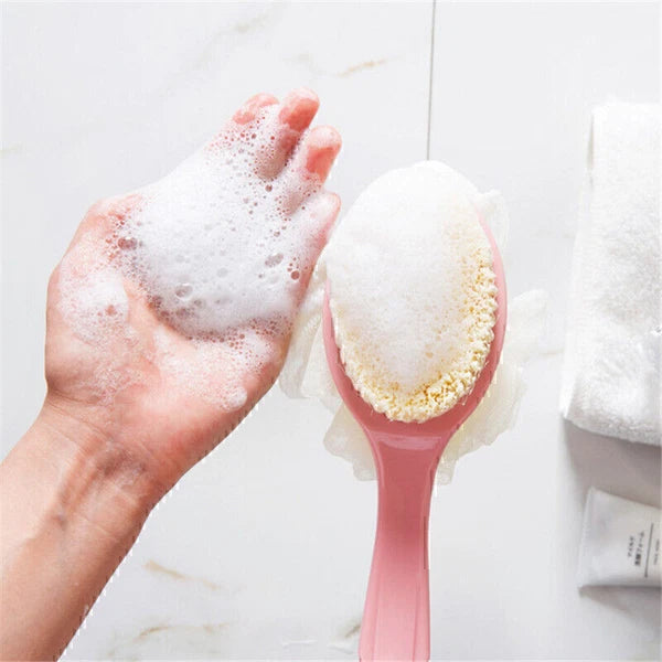 New Long Handle Back Brush Scrubber 2 In 1 Bath Puff Rich Bubbles Shower Sponge